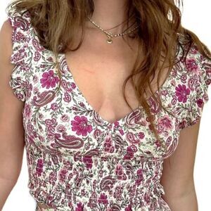 Patrons of Peace women's Bay top XS crop paisley floral‎ romantic flounce sleeve